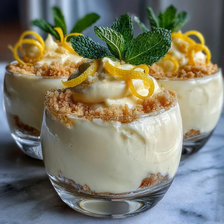 Fluffy lemon mousse served chilled in cups alongside crisp shortbread cookies, topped with mint and lemon zest for a light dessert.