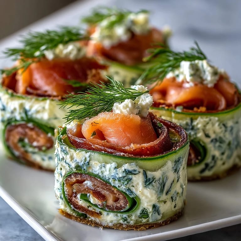 Creamy dill-infused cheese and smoked salmon rolled in soft tortillas with crisp cucumber slices.