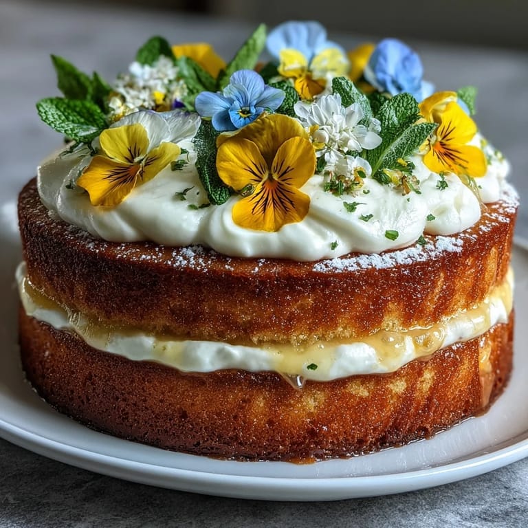 Light sponge cake with tangy lemon curd filling, topped with whipped cream and pressed edible flowers for a spring celebration.