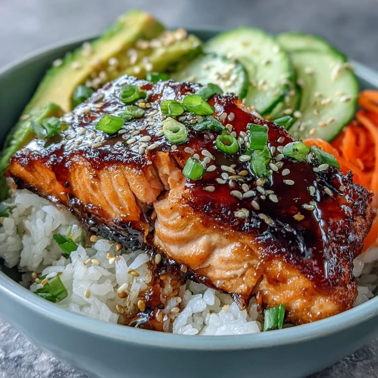 Savory teriyaki-glazed salmon served over fluffy jasmine rice with colorful veggies, perfect for an easy, flavorful weeknight meal.