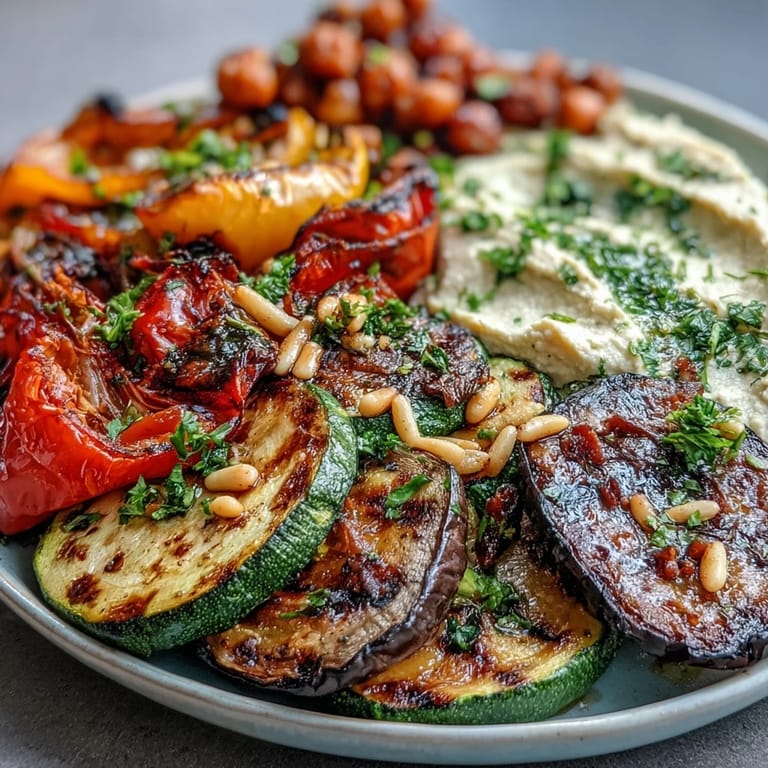 Freshly grilled vegetables, from tender zucchini to smoky bell peppers, arranged around a bowl of rich, garlicky hummus, garnished with parsley and pine nuts.