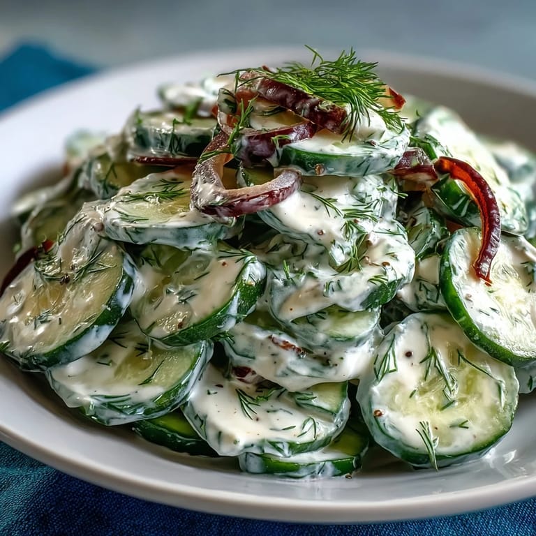 Cool cucumber salad in dill cream sauce, a light vegetarian side dish ideal for warm-weather gatherings or cookouts.