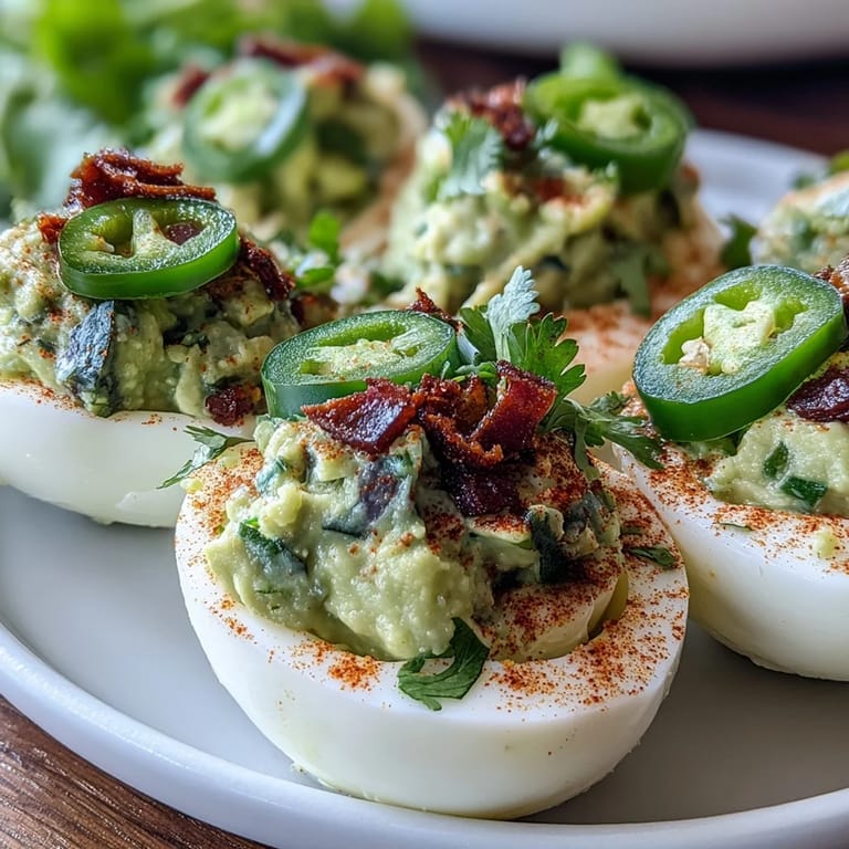 Classic deviled eggs get a Mexican-inspired twist with smooth guacamole filling, topped with smoked paprika and diced tomato.  