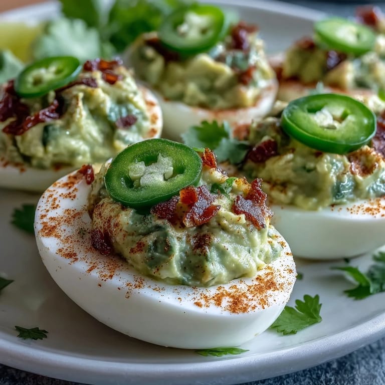 Rich egg whites filled with guacamole blend, garnished with cilantro and a hint of jalapeño for a flavorful, colorful bite.