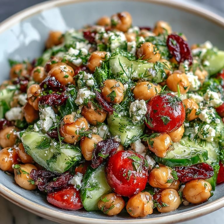 A colorful Mediterranean chickpea salad bursting with lemony herbs, crisp veggies, and optional feta, served chilled for a refreshing summer meal.