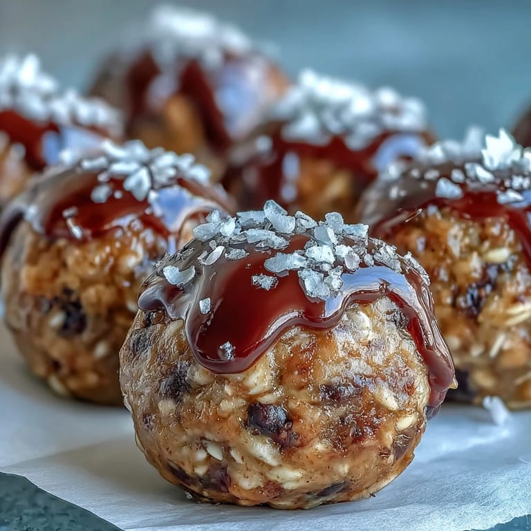 Hand-rolled no-bake oat bites with peanut butter and honey, loaded with mini chocolate chips for a chewy, satisfying treat.