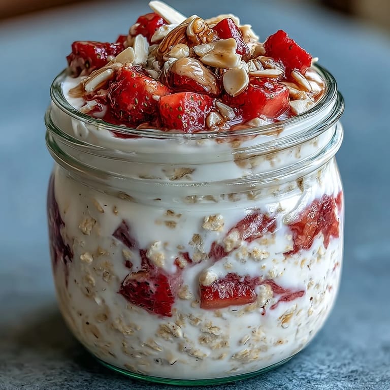 Creamy vanilla-infused oats layered with diced strawberries and chia seeds for a healthy breakfast.  