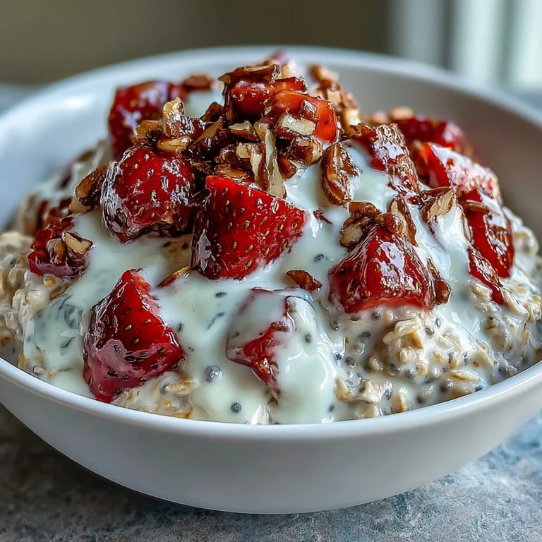 A jar of strawberry vanilla overnight oats garnished with extra berries and a honey drizzle.