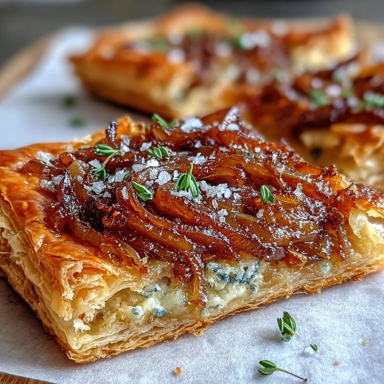Warm French onion tart topped with sweet caramelized onions, nutty Gruyère, and fragrant thyme leaves for a comforting appetizer.
