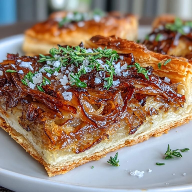 Golden puff pastry tart filled with rich caramelized onions, melted Gruyère cheese, and fresh thyme—perfect for brunch or dinner.