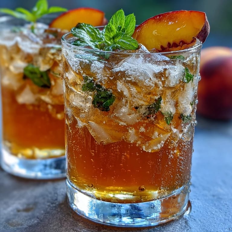 Bright and zesty iced peach green tea lemonade combining brewed green tea, peach nectar, and fresh lemon juice.