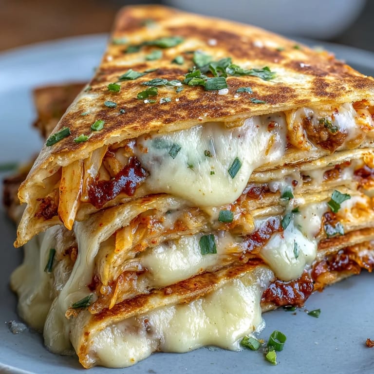 Golden quesadillas packed with chopped kimchi, green onions, and melted cheese, perfect for a quick and flavorful meal.