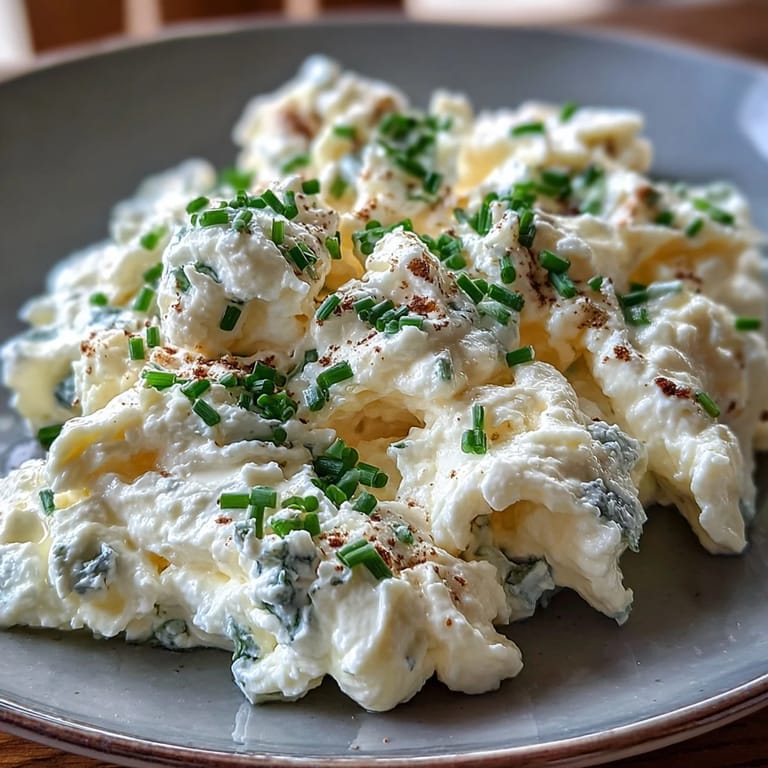 High-protein cottage cheese scrambled eggs cooked until soft and creamy, topped with green onions.