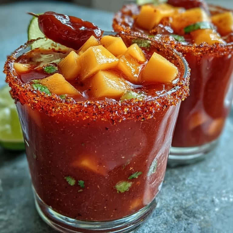 Bold frozen mango and chamoy mocktail cup with fresh fruit garnish and chili-lime spice, served in a festive Mexican-inspired glass.