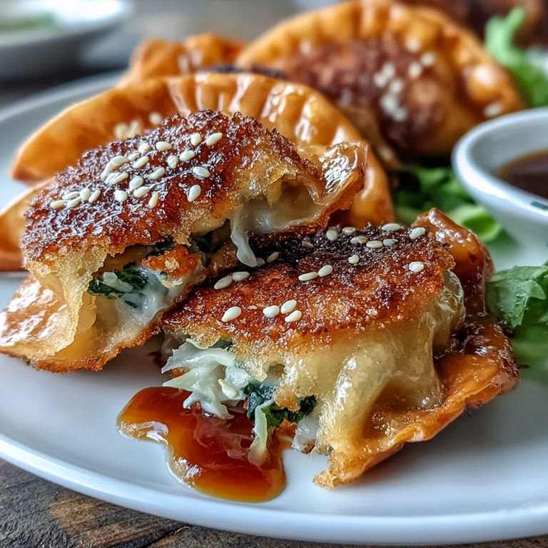 Asian fusion cabbage dumplings plated with dipping sauce, showcasing golden crisp texture and savory filling.