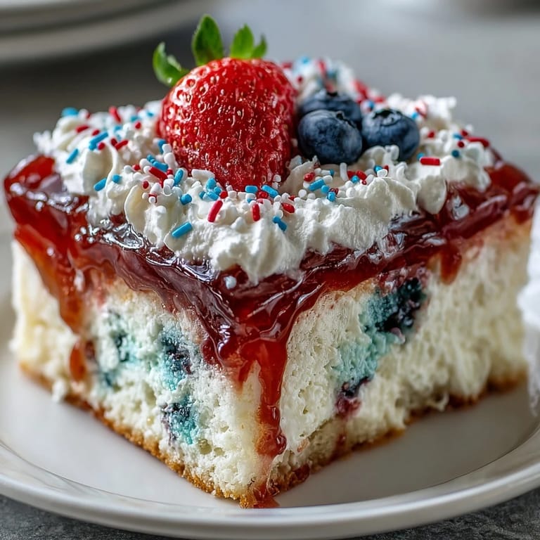 Festive Memorial Day dessert featuring white cake filled with colorful gelatin and topped with patriotic sprinkles.