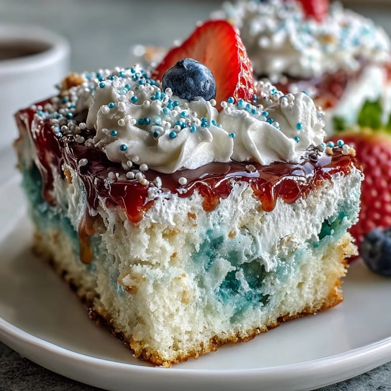 Showstopping Memorial Day Red White Blue Poke Cake with fresh berries and creamy whipped topping decoration.