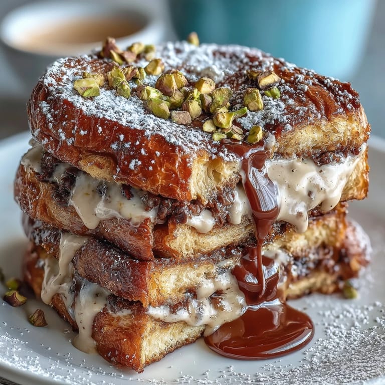 Rich chocolate-filled croissant French toast topped with crushed pistachios, drizzled with chocolate sauce, and served warm.