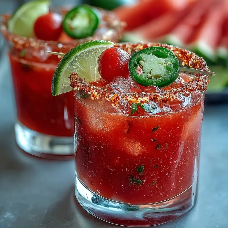 Spicy and sweet watermelon jalapeño margarita mocktail served over ice with lime wedges and fresh watermelon balls.  