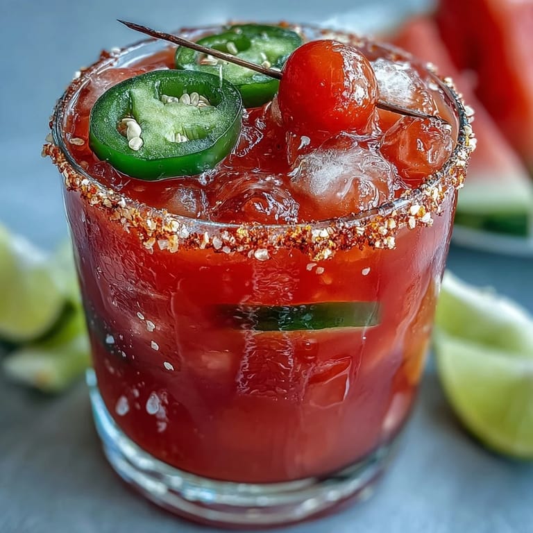 Cool watermelon jalapeño margarita mocktail blending juicy melon with a subtle kick, perfect for Cinco de Mayo celebrations.