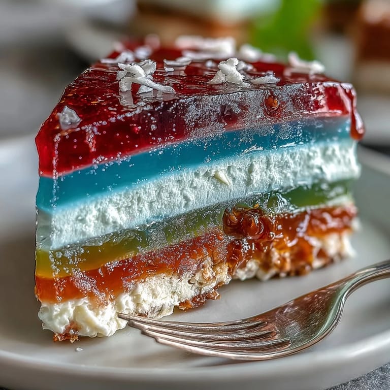 Layered rainbow agar-agar jelly cake with smooth coconut cream, creating a stunning and refreshing dairy-free dessert for special occasions.