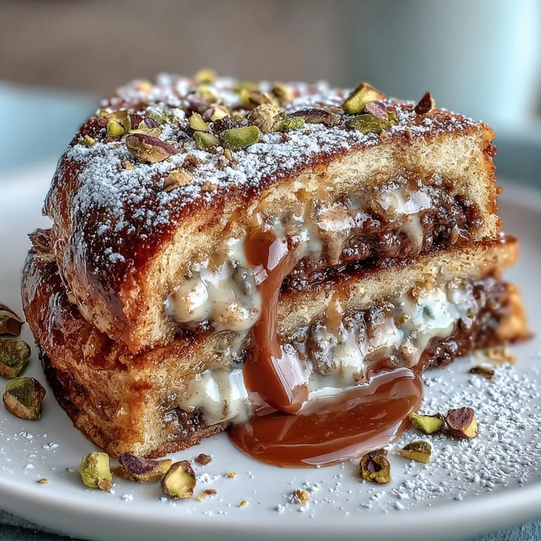 Decadent stuffed croissants soaked in cardamom custard, pan-fried golden, and garnished with pistachios and powdered sugar.