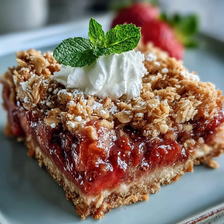 Buttery layers of crumble surround a vibrant strawberry rhubarb filling, creating a sweet-tart treat perfect for summer picnics.