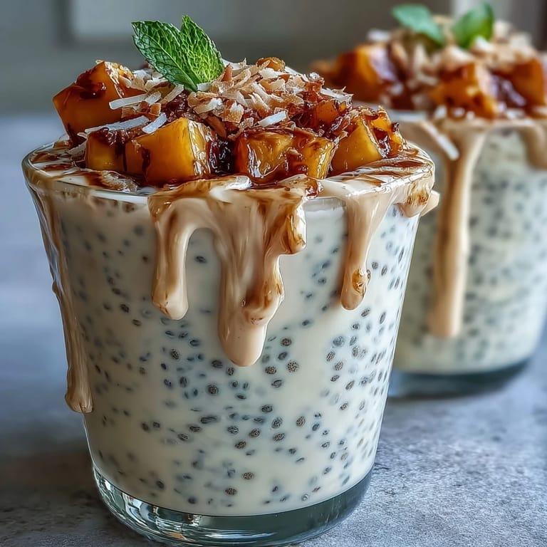Tropical chia pudding with coconut milk, fresh mango, and mint, a healthy and vibrant treat.