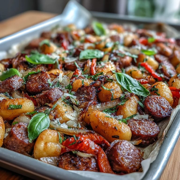 A vibrant one-pan meal featuring tender gnocchi, savory sausage slices, and colorful roasted peppers, all baked to perfection with Italian herbs.  