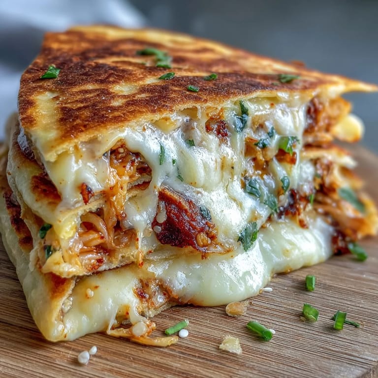 Spicy kimchi quesadillas stuffed with gooey mozzarella and cheddar, blending Korean zest with Mexican comfort in every bite.
