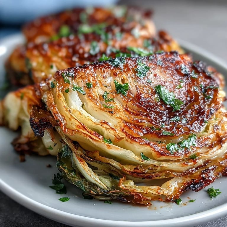 Crisp-edged cabbage steaks drizzled with lemon and sprinkled with parsley, a vibrant vegan side dish.  