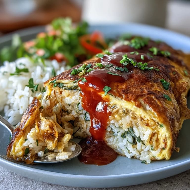 Savory ketchup rice ensconced in a cloud-like omelet, ready to be enjoyed.