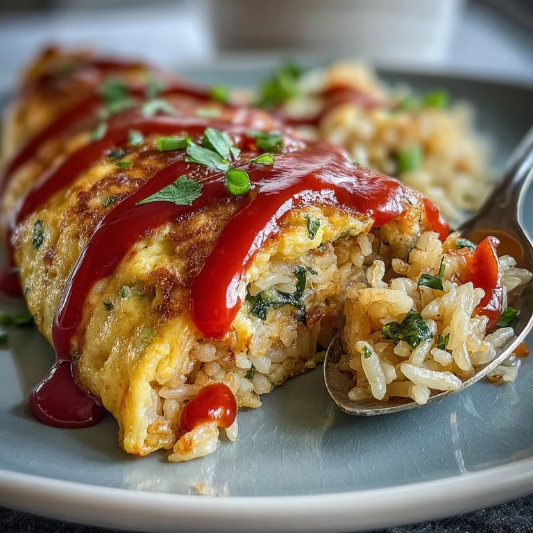 Visualize this Japanese Omurice: tender egg hugging tangy, flavorful rice beautifully.