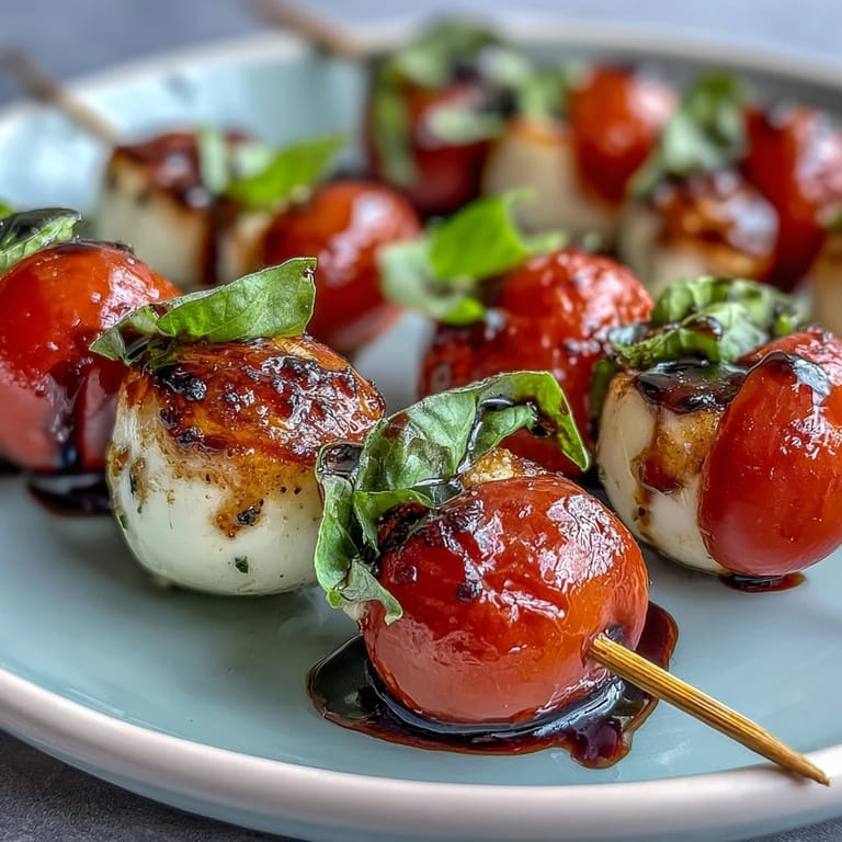 Fresh mini Caprese skewers showcasing bright tomatoes, mozzarella, and basil, drizzled.
