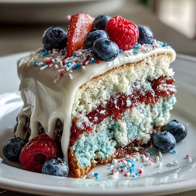 Sweet red, white, and blue Patriotic Poke Cake topped with creamy frosting.