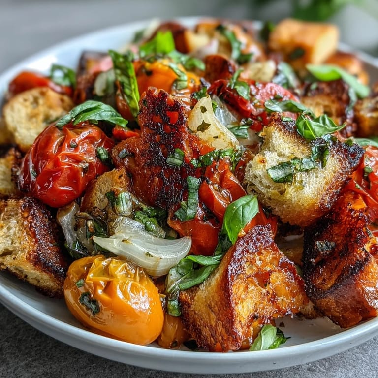 Juicy summer panzanella salad brimming with charred bread and crisp vegetables.