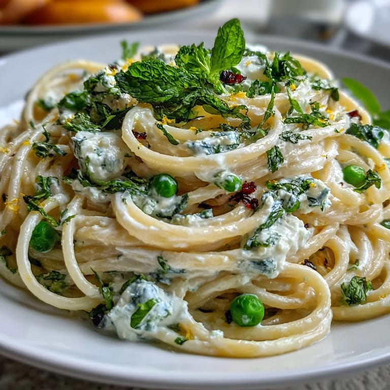 Tender lemon ricotta pasta with peas and mint, ready to be garnished and served.