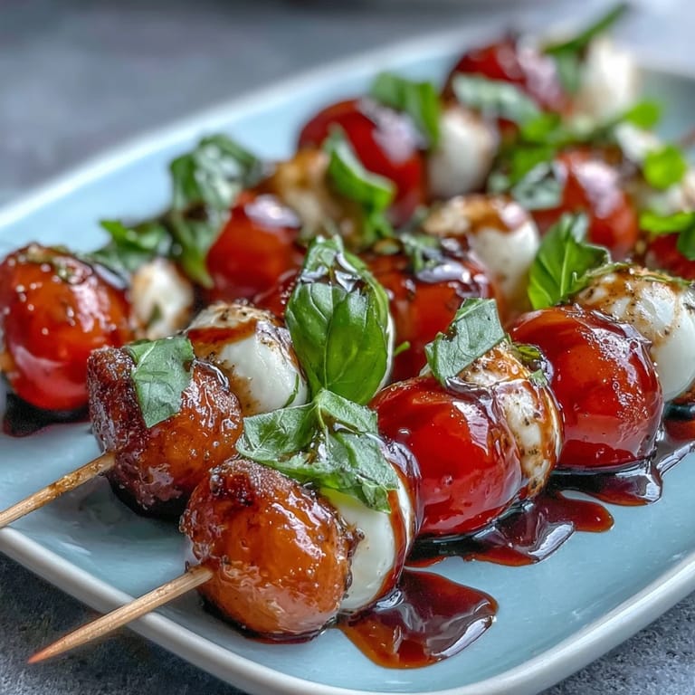 Appetizer skewers with juicy tomatoes, basil, mozzarella, and luscious balsamic glaze.