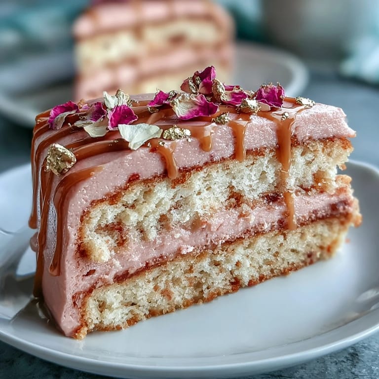 Delicious rosé velvet cake adorned with delicate gold, perfect for showers.