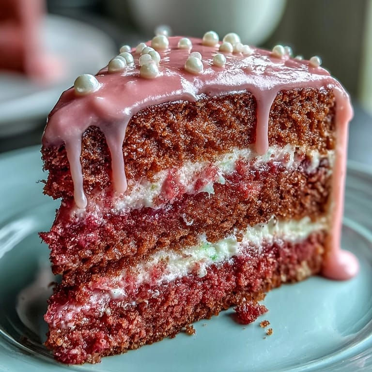 Decadent Rosé Velvet Cake, adorned with a stunning edible gold drip and creamy swirls.