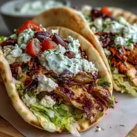Golden-brown, sizzling Mediterranean Chicken Gyros are layered on a warm pita with crisp lettuce and fresh diced tomatoes.