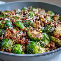 Golden-brown Brussels sprouts and savory ground turkey sizzle in a hot skillet, garnished with fresh parsley and grated Parmesan.
