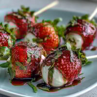 Vibrant strawberry caprese skewers with creamy mozzarella, fresh basil, and tangy balsamic drizzle for a perfect summer appetizer.
