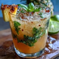 A refreshing glass of pineapple basil agua fresca with fresh basil garnish and lime slices on the rim.  