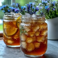 A refreshing lavender honey lemonade pitcher, served over ice with fresh lemon slices and lavender sprigs.