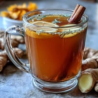 A steaming mug of dandelion root tea with ginger and turmeric, garnished with a slice of lemon and a sprinkle of black pepper.