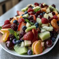 A vibrant fruit display with edible flowers, perfect for celebrating graduation with fresh, colorful bites.