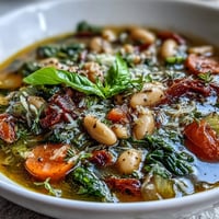 Tuscan White Bean and Spinach Soup in a slow cooker with fresh spinach, vegetables, and Italian herbs.