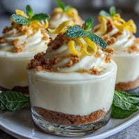 Creamy lemon mousse in individual cups with buttery shortbread cookies, garnished with fresh berries and lemon zest curls.