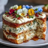 Spring cake with pressed edible flowers and lemon curd, beautifully decorated with colorful blooms and creamy layers.